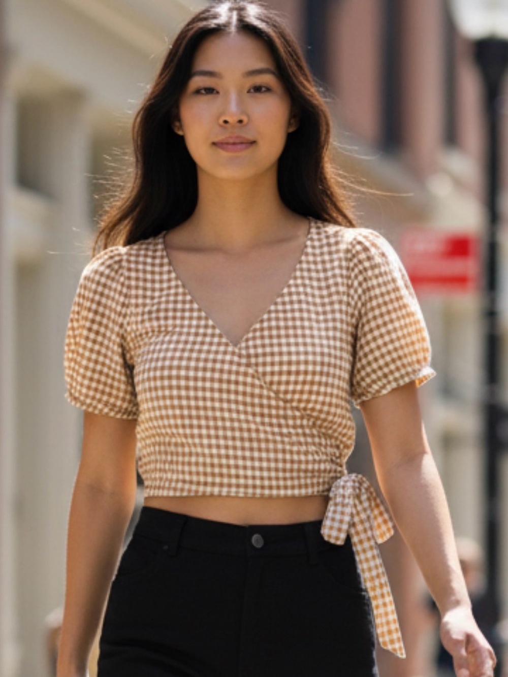 Aeropostale Tan/White Gingham Balloon Sleeve Cropped Faux Wrap Top Size M